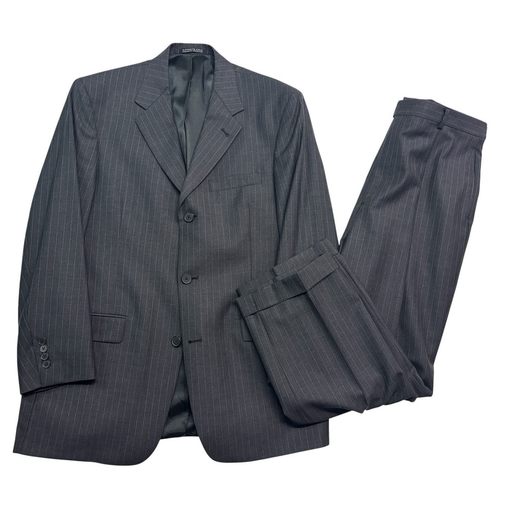 vtg 90s Kenneth Cole 40R 41R 34x29 Gray Pinstripe 2pc Pant Suit Wool USA Relaxed